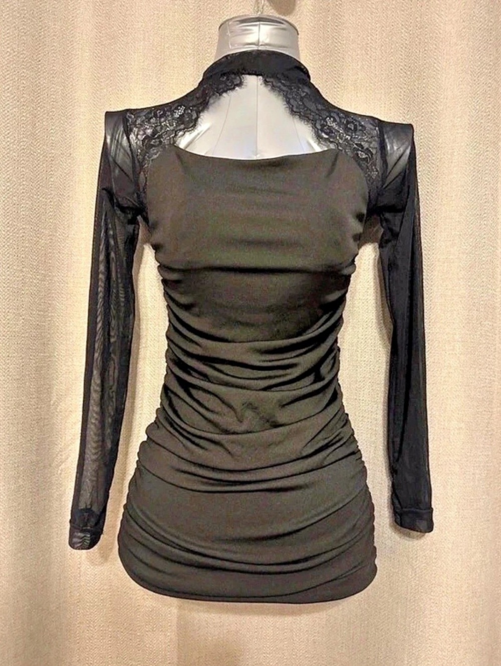 Black Ruched Lace Neck Mini Dress